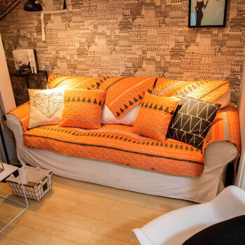 橘色条纹北欧沙发垫布艺 沙发盖巾套防滑定制 时光树