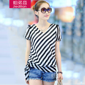 <em>姐弟</em>恋 2014春夏新款大码<em>女装</em>宽松条纹短袖雪