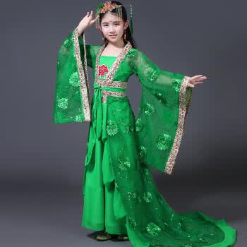 古装演出服女童汉服拖尾小贵妃装唐朝公主仙女装cos演出服古筝服 绿色