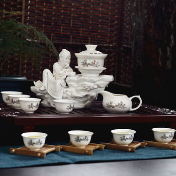 雅轾茗品 全自动玲珑瓷 防烫陶瓷茶具套装 休闲办公便捷茶道半自动自流水功夫冲茶器整套礼盒装