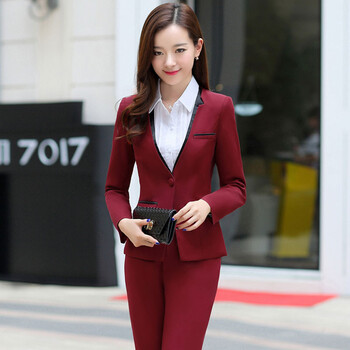 丹杰仕职业装女装长袖秋冬正装两件套长裤西装工作服商务休闲西服套装 枣红 S