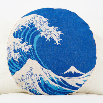 日式花纹布艺折扇浮世绘富士山民族复古和风棉麻沙发靠垫抱枕靠枕