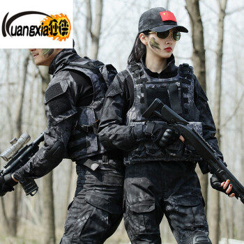 夏季特种兵蟒纹作战服军装黑色作训服短袖迷彩服套装男女耐磨 黑色