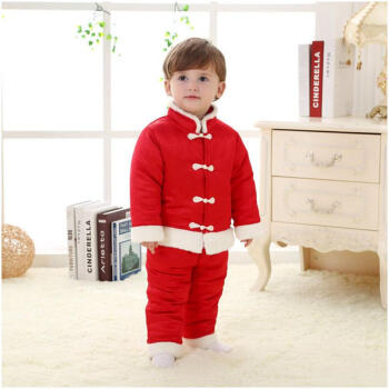 0-1-2岁中国大红色男童棉衣裤冬季加厚套装唐