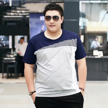 180cm190斤的胖子图片,190斤的胖子图片男子 加大棉短袖t恤肥男胖子上衣体恤夏薄 宝蓝色 t-18 2xl建议(170-190斤)