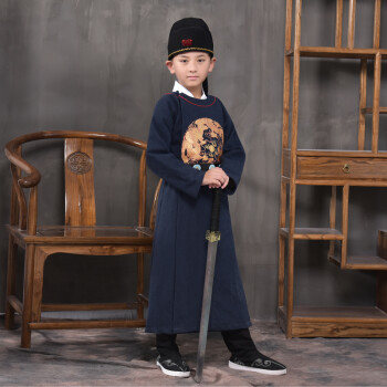 男孩幼儿童宝宝传统国学汉服圆领袍棉麻书三字经少爷演出服古装 藏青