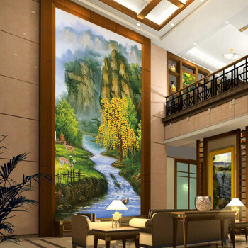 贴画墙纸壁画客厅书房山水风景画无缝自粘壁纸 山川流水发财树/平方米
