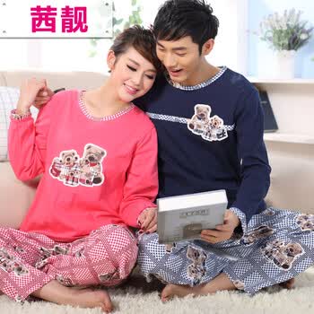 茜靓100%纯棉卡通<em>泰迪熊</em>长袖情侣<em>睡衣</em>套装 套