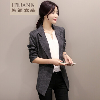 HI!JANE2016春秋季新款女士小西装长袖韩版外套秋装修身职业女装棉麻小西服女 黑色 XXL