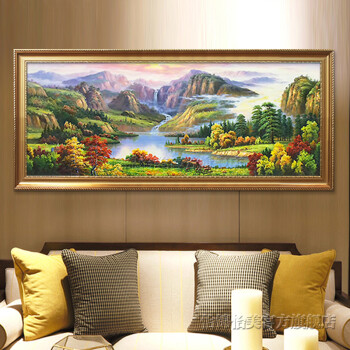 油画客厅装饰画北欧沙发背景墙挂画办公室纯手绘工墙壁画横幅聚宝盆靠