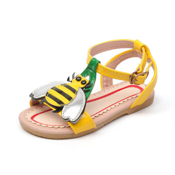 女童凉鞋夏季韩版新款卡通彩色儿童小学生宝宝蜜蜂花朵款凉鞋 黄色