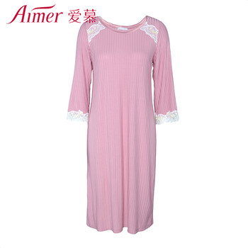 爱慕内衣舒享花园莫代尔圆领八分袖睡裙中长款女士睡衣家居服 am