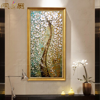 
                                        凤之舞油画 玄关装饰画 欧式手绘 手工油画招财树过道走廊油画竖版挂画 壁画墙画 框4发财树白 50x100                