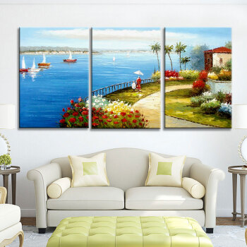 
                                        乐逸客厅装饰画手绘油画地中海田园风景画餐厅挂画卧室壁画 深情望海 60X80cm三件套                