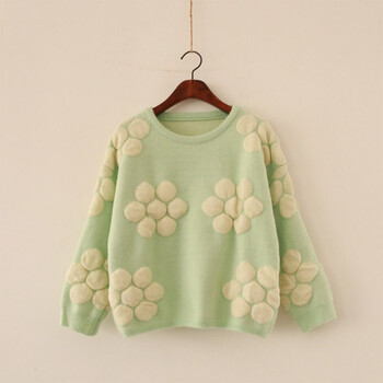 Polimoda 秋冬新款甜美立体花朵宽松套头加厚小清新毛衣 日式森女系短上衣ss1000 绿色 均码