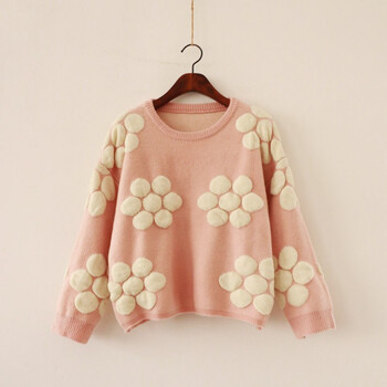 Polimoda 秋冬新款甜美立体花朵宽松套头加厚小清新毛衣 日式森女系短上衣ss1000 绿色 均码