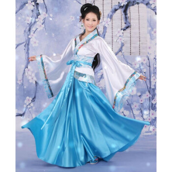 古装女装七仙女表演襦裙礼毕业演出服装水袖舞 天蓝色裙子雪白上衣 m
