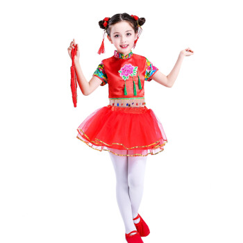 六一儿童民族舞蹈表演服装开门红喜庆秧歌服中国结演出服女童花布 女