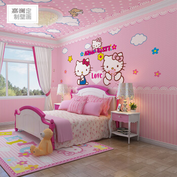kitty猫卡通儿童房墙纸墙布无缝卧室背景壁画温馨女孩