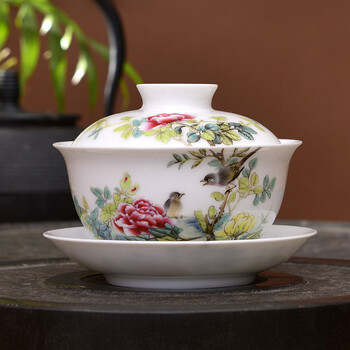 
                                        景德镇手绘茶具 高档精品瓷器功夫茶具 单套盖碗23号粉彩月月生辉 预售款                