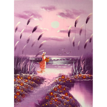 纯手绘风景油画浪漫海边小女孩沙滩望海少女房间紫色装饰画 紫色图三图片