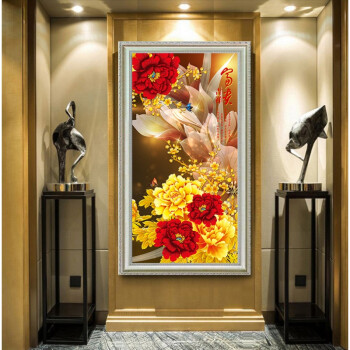 欧式玄关装饰画竖版现代客厅过道牡丹花挂画墙画壁画花开富贵图