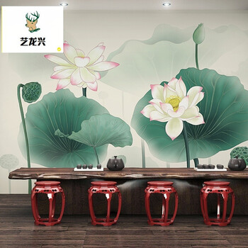 现代中式工笔荷花墙纸书房卧室客厅背景墙壁纸手绘淡雅大型壁画 进口