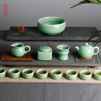 堂悦坊 茶具套装 龙泉青瓷无量整套茶具 功夫茶具套装14件特惠 弟窑梅子青