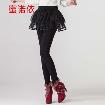 蜜诺依  2015秋季新款女装加绒加厚假两件网纱裙裤Q1398 黑色 XXL