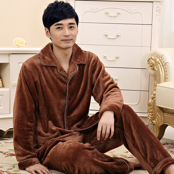 靓舒帛 加肥秋冬新款<em>男士法兰绒睡衣</em>纯色<em>柔软</em>