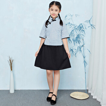 儿童民国学生装演出服夏女童棉麻民国风童装五四青年装合唱服班服 浅