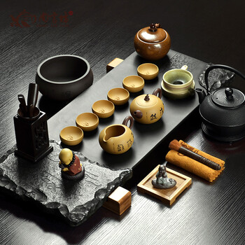
                                        尚言坊茶具 乌金石天地宽广茶盘 宜兴紫砂功夫茶具套装 圆融自在 新乌金石天地宽广茶盘-紫砂童趣8入套装+小丁铁壶组                