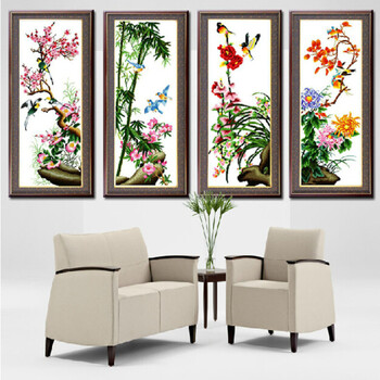 蒙娜丽莎十字绣梅兰竹菊鸟语花香四君子四联画精准印花套件新款客厅大幅画棉线丝线货到付款 鸟语花香棉线一套