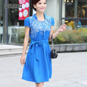 2014新款春夏装女经典印花款式<em>短袖</em>大码<em>长裙</em>