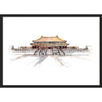 建筑挂画床头画 客厅背景墙装饰画卧室抽象画 黑色实木画框 故宫 85x
