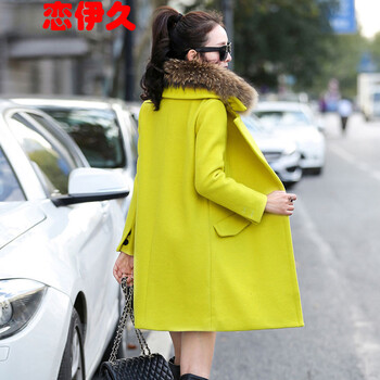 恋伊久2016春季新款毛呢大衣女毛呢外套女 草黄色(无毛领) L