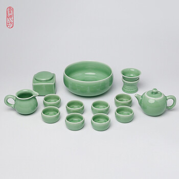 堂悦坊 茶具套装 龙泉青瓷无量整套茶具 功夫茶具套装14件特惠 弟窑梅子青