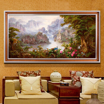 
                                        纵海艺术 办公室油画 聚财旺运 现代中式客厅沙发背景墙壁挂画 风景山水画 聚宝盆装饰画 标准款画框 80*160                