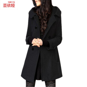 芸依娅2015秋冬新款韩版修身外套中长款连帽羊毛呢大衣女 黑色 S