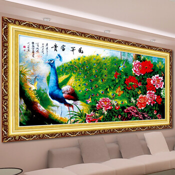 鸿胤皇室蒙娜丽莎十字绣孔雀开屏图花开富贵孔雀客厅十字绣画印花新款十字绣牡丹花系列画 YA435 长1.80米*宽0.80米