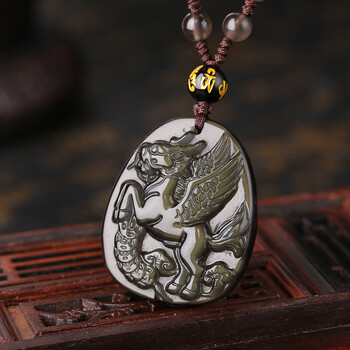 开光龙马采芝冰彩黑曜石吊坠 属羊人2016年佩