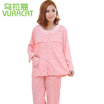 乌拉<em>猫</em> 春秋<em>孕妇</em>装圆领<em>开衫</em>哺乳睡衣印花月子