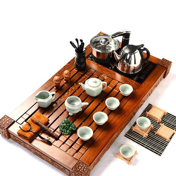 馨铭堂 六角壶汝窑茶具 鸡翅木茶盘带电热炉整套功夫茶具套装