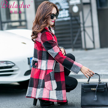 布拉朵2015冬季新款韩版修身格子羊毛呢外套中长款毛呢大衣女D750 酒红格子 M