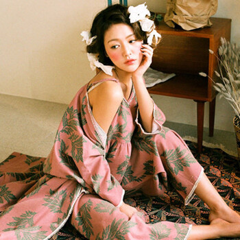 珂梵图日系和服睡衣女夏性感吊带复古宽松棉春秋季家居服三件套套装