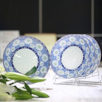 
                                        洁雅杰餐具套装 骨瓷釉中彩(8英寸)秋韵蓝饭盘骨瓷深盘子(4只装)                