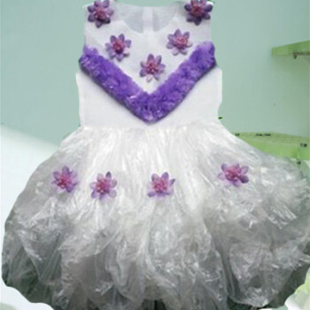 儿童环保服装子装女公主裙时装走秀手工塑料袋幼儿园表演服装 白色