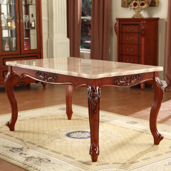 实木大理石餐桌椅组合长方形木质餐桌美式小户型家用饭桌描金 红龙玉