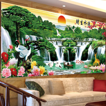 
                                        尚世纪迎客松十字绣山水画风景 流水生财旭日东升十字绣 新款客厅系列 满钻钻石画120X38CM 魔方钻 30色228                
