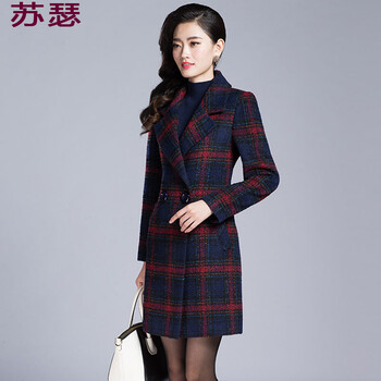 苏瑟 2015秋冬女装韩版修身中长款大码女装毛呢大衣外套女8136 红格 L